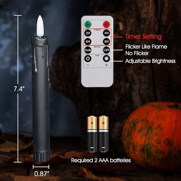 Daord Halloween Flameless Flickering Black Taper Candles 7.4Inch Long Candle Light With 10-Key Remote Tall Candlesticks For Christmas Wedding Party And Home Decor (6Pcs，Black)
