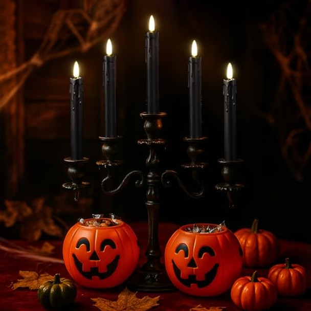 Daord Halloween Flameless Flickering Black Taper Candles 7.4Inch Long Candle Light With 10-Key Remote Tall Candlesticks For Christmas Wedding Party And Home Decor (6Pcs，Black)