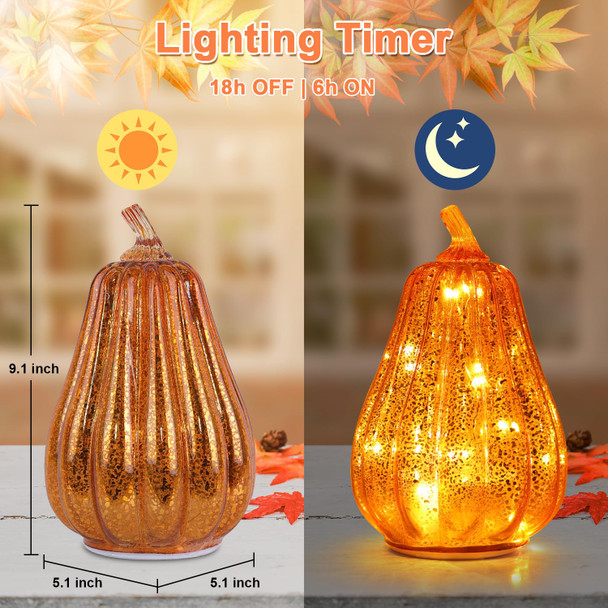 Decorkey Fall Decorations For Home Set Of 2 Glass Pumpkin With Led Lights Thanksgiving Table Decor Timer Lighted Pumpkin Decorations For Indoor Fall Mantel Decorating (Dkgg-4090)
