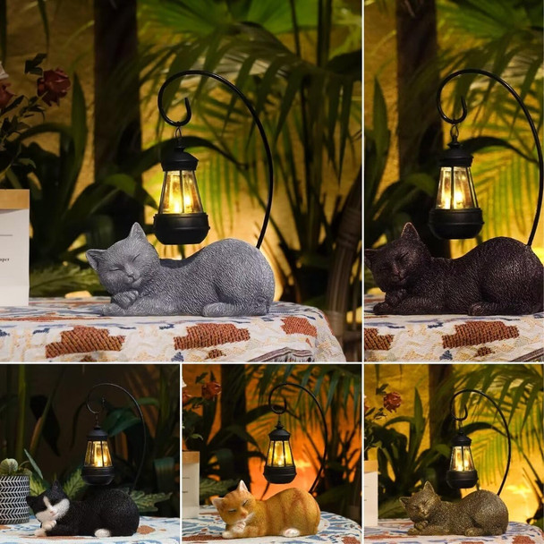 Dhoby Ghaut Solar Cat Statue With Lantern & Texture Finish Outdoor Patio Porch Lawn Gardening  For Mom(13")