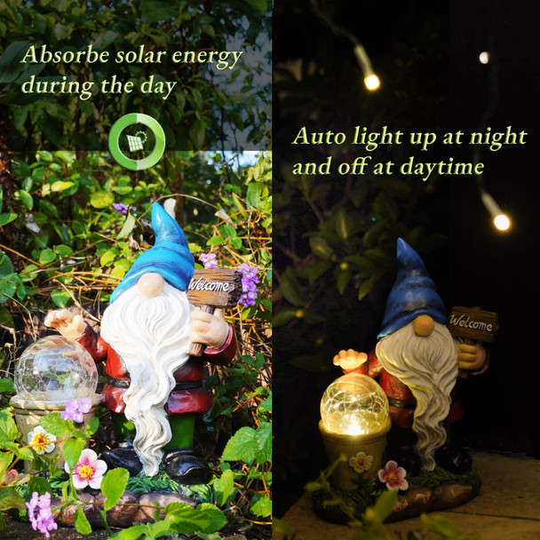 Dilicoming Solar Garden Gnomes Outdoor Statues - Cute Gnome Statue With Welcome For Yard Patio Porch Lawn Resin Gnome Figurine With Solar Light For Thanksgiving And Christmas