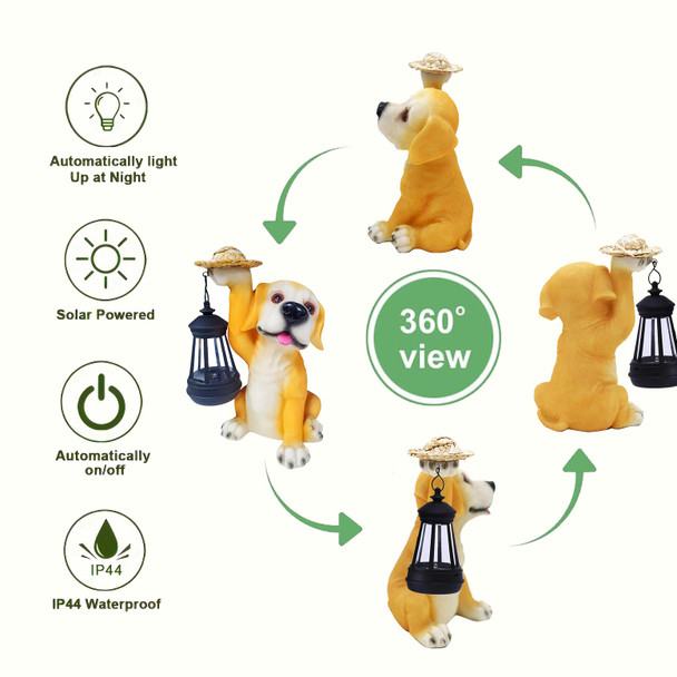 Dollergo Garden Dog Statues - Adorable Resin Dog Figurines With Straw Hat And Solar Led Lantern Puppy Decorations Outdoor Solar Light For Yard Patio Lawn Porch Ornament