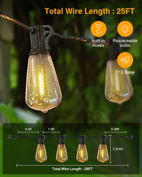 Doukedge Outdoor String Lights Waterproof 25 Feet Patio Lights With 13 St38 Edison Bulbs(1 Sqare) Hanging Lights With Plug In Cord For Porch Blacony Backyard Bistro Garden 2700K