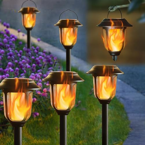 Dynaming Dual Use Solar Flame Lights Outdoor 6 Pack Solar Flickering Flame Pathway Lights Hanging Lantern Light Auto On/Off & Waterproof For Garden Lawn Patio Yard Walkway Deck Driveway