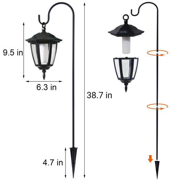 Dynaming 2 Pack Solar Flame Hanging Lights Outdoor Halloween Solar Flickering Flame Led Garden Lanterns With 2 X 38 Inch Shepherd Hooks Christmas Lighting For Lawn Patio Yard Pathway Driveway