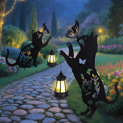 Elecbee Cat Solar Lights Outdoor Garden 2 Pcs Lantern Stakes Decorative Black Ornament With Butterflymetal Garden Decor Art For Outside Lawn Yard Patio Cat Yard Art S For Halloweenchristmas