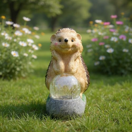 Elenon Hedgehog Statue With Gazing Ball Solar Lights For Garden Decor 9 Inch High Animal Figurines Outdoor Decorative Yard Art Sculptures For Patio Yard Pathway