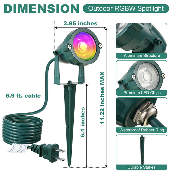 Enhon 2 Pack Christmas Rgbw Spotlight Outdoor Waterproof Landscape Lighting 120V Led Spot Lights With Remote Control Color Changing Outdoor Stake Lights For Holiday Garden Yard (Patent Pending)