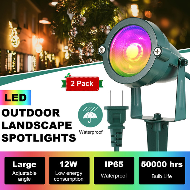 Enhon 2 Pack Christmas Rgbw Spotlight Outdoor Waterproof Landscape Lighting 120V Led Spot Lights With Remote Control Color Changing Outdoor Stake Lights For Holiday Garden Yard (Patent Pending)