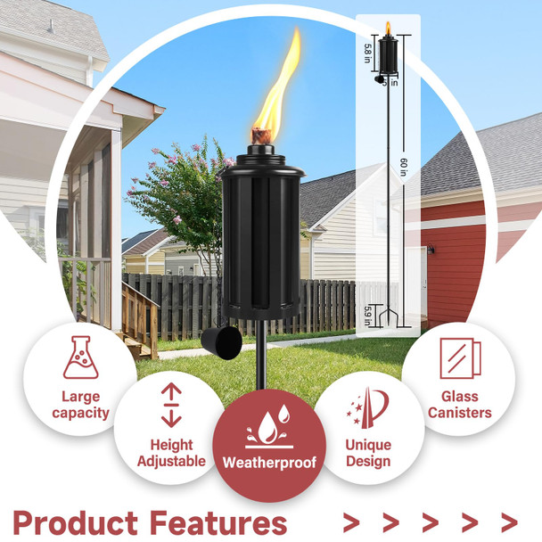 Falbawr Citronella Torches Set Of 6 16 Oz Garden Torches For Outside 3-Prong Grounded Stake Outdoor Lanterns 58 Inch Outdoor Decorative Black Lanterns