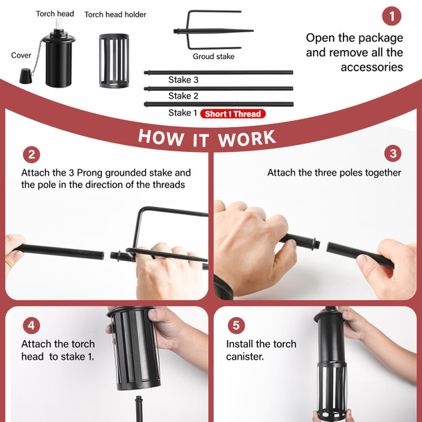 Falbawr Citronella Torches Set Of 6 16 Oz Garden Torches For Outside 3-Prong Grounded Stake Outdoor Lanterns 58 Inch Outdoor Decorative Black Lanterns