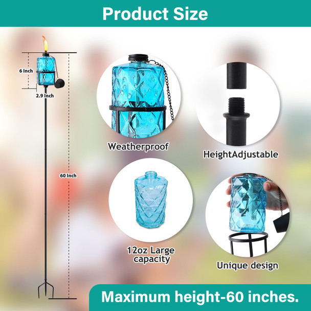 Fan-Torches 4 Pack Blue Glass Garden Torch60-Inch Outdoor Torch Garden Décor D 12 Oz Citronella Torches With 3-Prong Grounded Stakemetal Light Torches For Party Patio Pathway