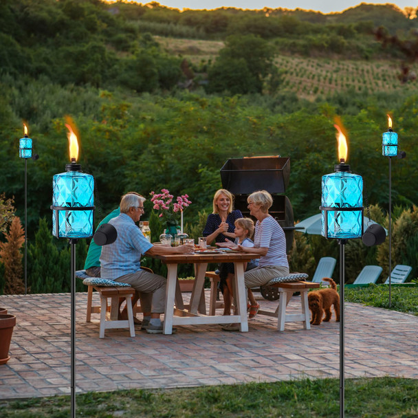 Fan-Torches 4 Pack Blue Glass Garden Torch60-Inch Outdoor Torch Garden Décor D 12 Oz Citronella Torches With 3-Prong Grounded Stakemetal Light Torches For Party Patio Pathway
