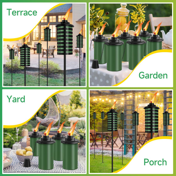 Fan-Torches 6 Pack Home Garden Torch  16 Oz Outdoor Green Metal Torch Garden Décor 59-Inch D Citronella Torches With 3-Prong Grounded Stake  Metal Light Torches For Party Patio Pathway