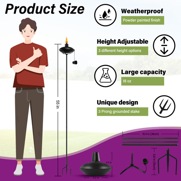 Fan-Torches 6 Pack Home Garden Torch Outdoor Metal Torch Garden Décor55-Inch D Citronella Torches With 3-Prong Grounded Stake Metal Light Torches For Party Patio Pathway (More Stable)