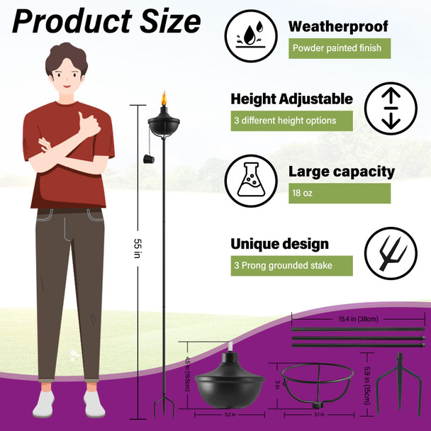 Fan-Torches 24 Oz Home Garden Torch Set Of 6 Outdoor Metal Torch Garden Décor55-Inch D Citronella Torches With 3-Prong Grounded Stake Metal Light Torches For Party Patio Pathway