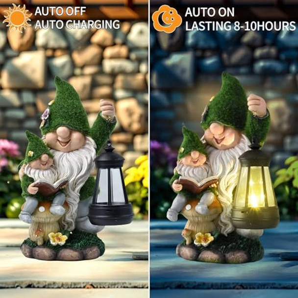 Fbawcj Solar Gnome Garden Outdoor Statue With Led Lanternfunny Flocked Large Gnome Holds Small Gnome Reads Resin Ornament For Patio Yard Lawn Porch Outside Decor S