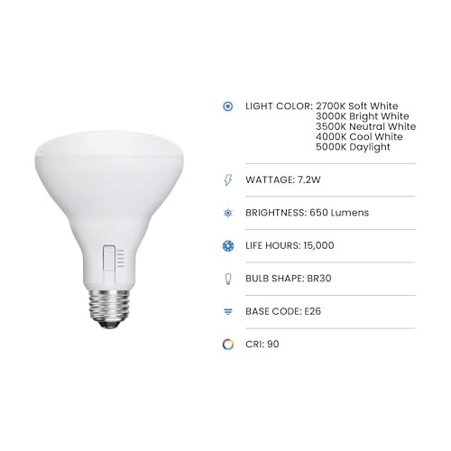 Feit Electric Br30 Led Flood Light Bulb 65W Equivalent Dimmable 5Cct Adjustable White 650 Lumens Indoor/Outdoor Residential & Commercial Use 17000-Hour Lifespan Br3065Dm5Cctca15K/6 6-Pack