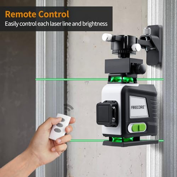 Firecore 4 X 360 Laser Level Self Leveling 16 Lines Green Beam 4D Cross Line Tiling Floor Tool 3 Gear Brightness Adjustment/Pulse Mode For Construction 2 Li-Ion Batteries Remote Control Included