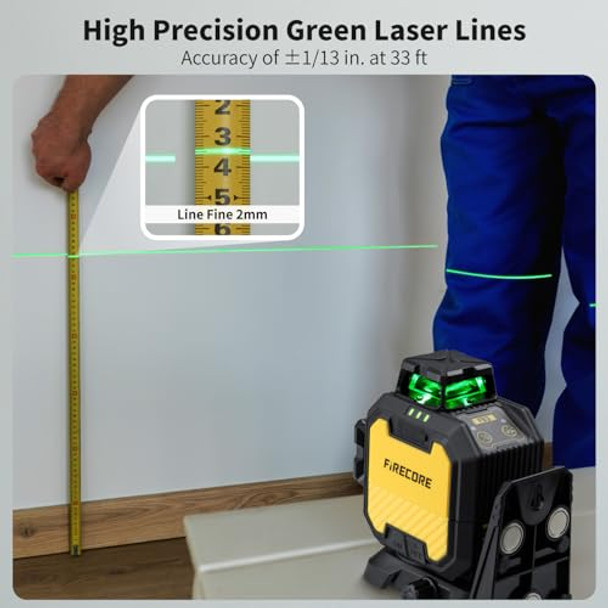 Firecore Laser Level With Receiver Kit 1/13" High Accuracy Laser Level 360 Self Leveling With Pulse Mode For Outdoor Up To 197Ft Rechargeable Green Line Laser For Home Renovation Construction-F93