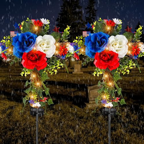 Frienda 2 Pcs Solar Lights Cross Garden Outdoor Cemetery Decorations For Grave Blooming Artificial Flowers With American Flag Memorial S For Lawn Yard Patio Decor