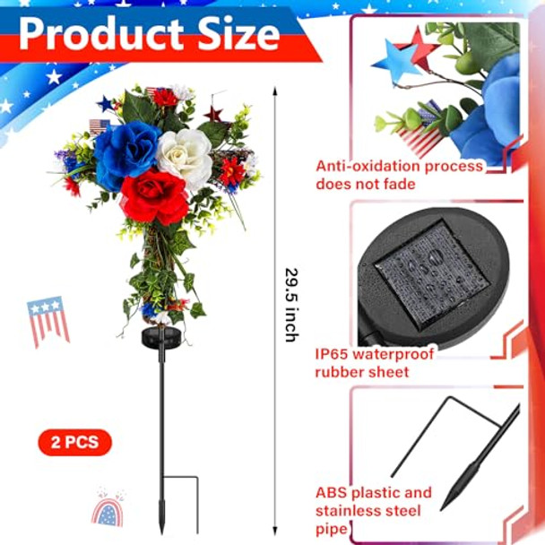 Frienda 2 Pcs Solar Lights Cross Garden Outdoor Cemetery Decorations For Grave Blooming Artificial Flowers With American Flag Memorial S For Lawn Yard Patio Decor