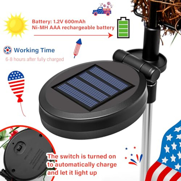 Frienda 2 Pcs Solar Lights Cross Garden Outdoor Cemetery Decorations For Grave Blooming Artificial Flowers With American Flag Memorial S For Lawn Yard Patio Decor