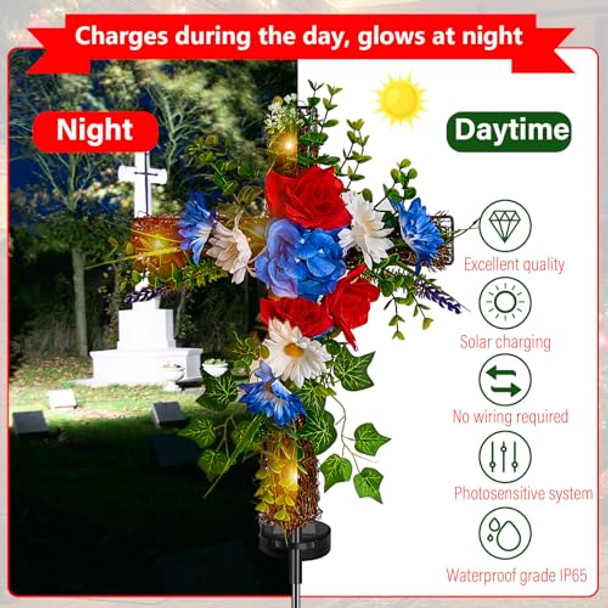 Frienda 2 Pcs Solar Lights Cross Garden Outdoor Cemetery Decorations For Grave Blooming Artificial Flowers With American Flag Memorial S For Lawn Yard Patio Decor