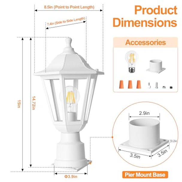 Fudesy Outdoor Post Light Outdoor White Lamp Post Light Fixture With Pier Mount Base Waterproof Pole Light Fixture With E26 Socket Exterior Lamp Post Lantern For Garden Yard Patio Pathway