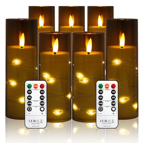 Furudonghai Flameless Candles Flickering Led Lights 7 Pcs Battery Operated Candles With Remote & Timer With Embedded Star String Lights For Home Decoration Wedding Festival Cafe Restaurant (Grey)