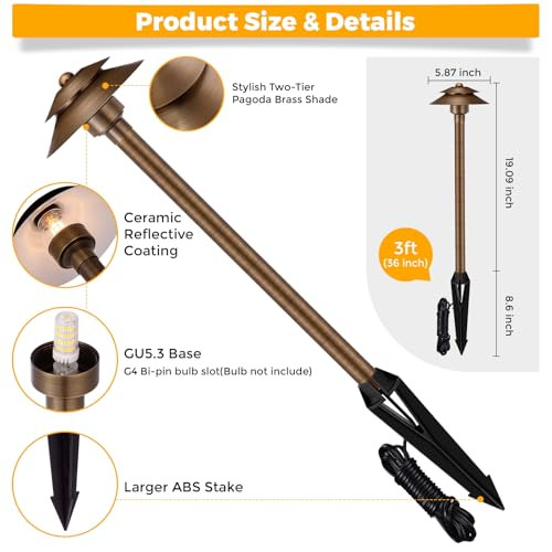 Gardencoin Solid Brass Low Voltage Landscape Pathway Lights (6'' Shade 2-Tier 19'' Tall) 12V Ac/Dc Led Heavy Duty Path Lighting Outdoor Wired Waterproof Bronze Walkway Light Without G4 Bulb 4 Pack