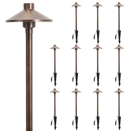 Gardencoin Solid Brass Low Voltage Pathway Lights (6.7'' Shade 21.9'' Tall) 12V Ac/Dc Heavy Duty Led Landscape Path Lights Outdoor Wired Antique Bronze Walkway Lights With Larger Stake 6-Pack
