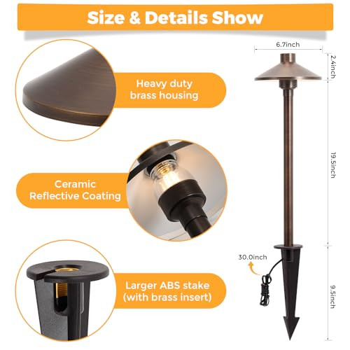 Gardencoin Solid Brass Low Voltage Pathway Lights (6.7'' Shade 21.9'' Tall) 12V Ac/Dc Heavy Duty Led Landscape Path Lights Outdoor Wired Antique Bronze Walkway Lights With Larger Stake 6-Pack