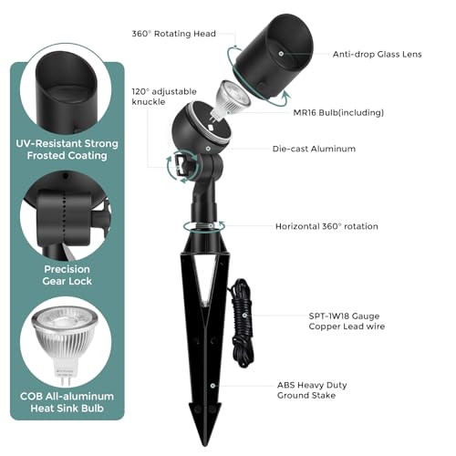 Gardencoin Low Voltage Landscape Spotlight 12V Led Outdoor Landscape Lighting Landscape Spot Lights Wired For Garden And Yard Aluminum Up Lighting Fixture With 5W Mr16 Replaceable Bulb (6 Pack)