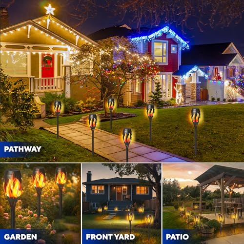 Gerossi Beautiful Solar Lights For Outside 6-Pack - Premium Solar Tiki Torches With Flickering Flame - Waterproof Auto On/Off - Perfect For Your Outdoor Yard Patio Pathway & Garden