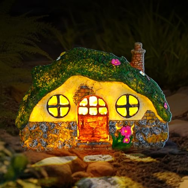 Geyueya Home Fairy House Statues With Solar Powered Lights Outdoor Figurine Lights Garden Statues Fairy Garden Houses For Outside Patio Yard Balcony Decoration Outdoor Decor Yard S For Mom Women
