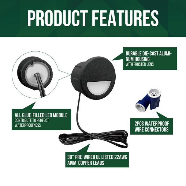 Gkoled 12 Pack Recessed Low Voltage Mini Size Led Step Riser Light Φ1 Halfmoon Landscape Lighting For Outdoor Deck Stair Railing Post 12V 3000K Die-Cast Aluminum White