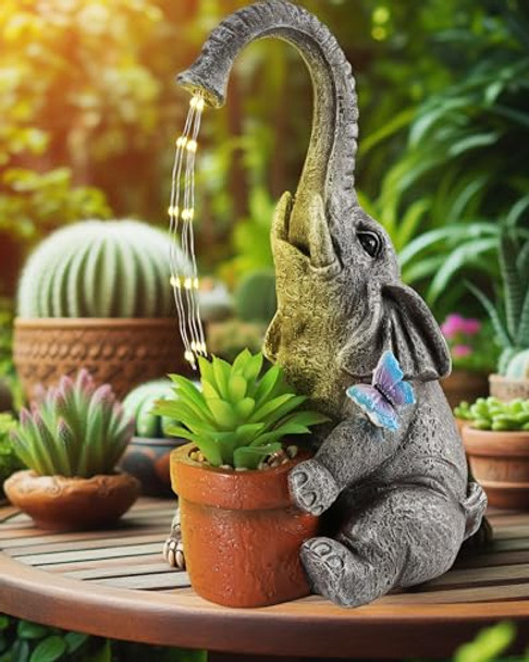 Gognome Solar Powered Resin Elephant Garden Statue With Water Fountain Light - Durable Outdoor Decor For Patio And Lawn - Unique Elephant  For All Ages