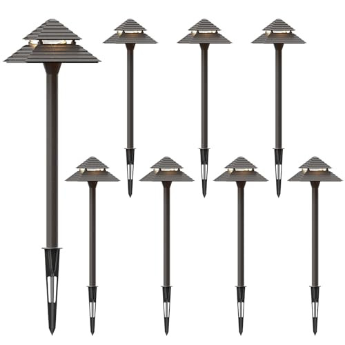 Goodsmann Landscape Lighting 8Pk Low Voltage Outdoor Path Lights 2-Tier Pagoda Landscape Path Lights Pathway Lights Wired 3W Led 180 Lumen 3000K Warm White Driveway Bronze Electric Pathway Light