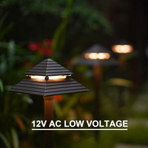 Goodsmann Landscape Lighting 8Pk Low Voltage Outdoor Path Lights 2-Tier Pagoda Landscape Path Lights Pathway Lights Wired 3W Led 180 Lumen 3000K Warm White Driveway Bronze Electric Pathway Light