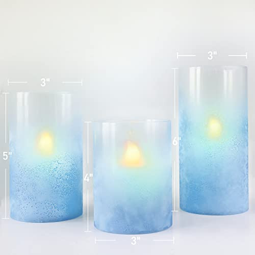 Gorge Moment Flameless Candles X3 Sandblasted Cerulean Led 3D Flicker Lights Blue Ocean Series Skyblue Frosted Glass Decor Dim With Remote Timer Summer Trendy Modern  For Friends Lover