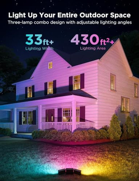 Govee Triad Outdoor Flood Lights 48W 4500Lm Rgbic 3 Head Security Lights 2700-6500K Ip66 Waterproof Smart Wifi Outdoor Lights With App Control For Garage Yard Porch Work With Alexa