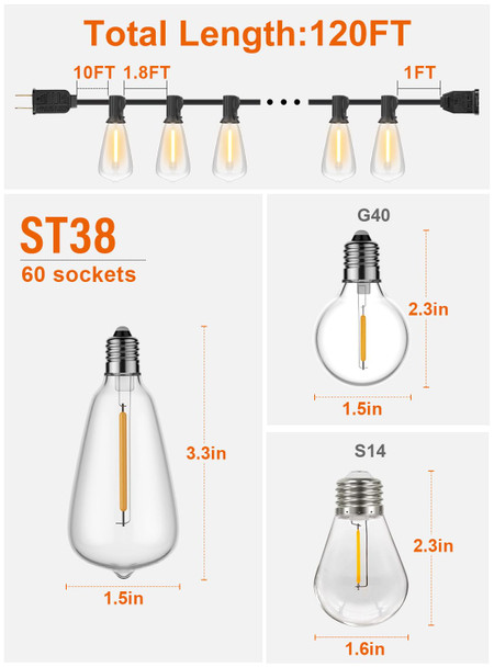 Gpatio Outdoor String Lights 60Ft Waterproof Patio Lights With 32 Hanging Globe St38 Bulbs 2700K Shatterproof For Backyard Gazebo Porch Garden Commerical Outside Decor