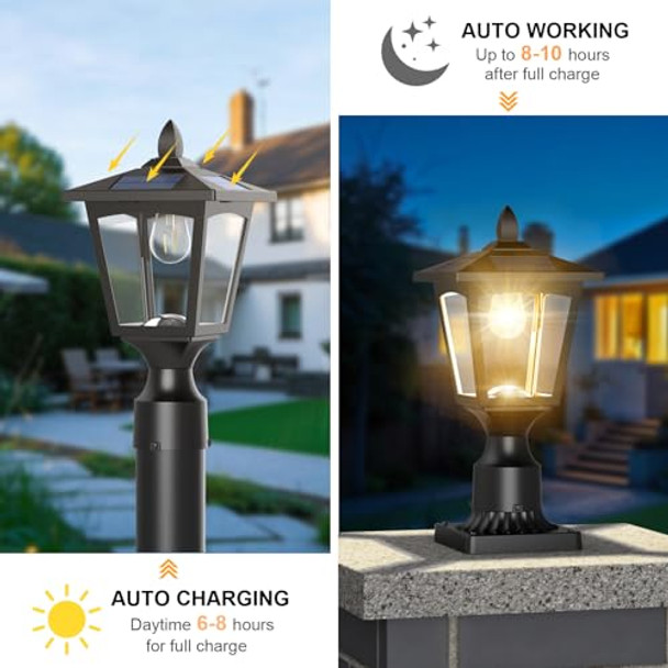 Greluna Solar Lamp Post Lights Outdoor 6000K Dusk To Dawn Waterproof Post Lights With Pier Mount Base Decorative Solar Lamp For Garden Yard Landscape Pole Pillar (Cool White)