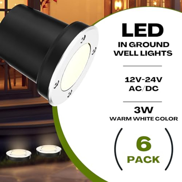 Grinsvalley 6 Pack 3W 12V-24V Low Voltage Landscape Lights In-Ground Outdoor Led Well Lights With 12 Connectors Ip68 Waterproof Pathway Light Outdoor Spotlight For Yard Garden Tree Deck Step