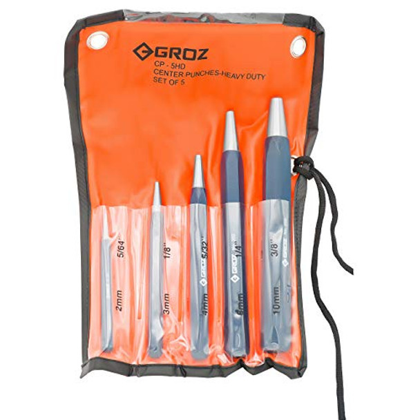 Groz 25205 Heavy-Duty Center Punch Set 5Pc With 1/4" 1/8" 3/8" 5/32" And 5/64"