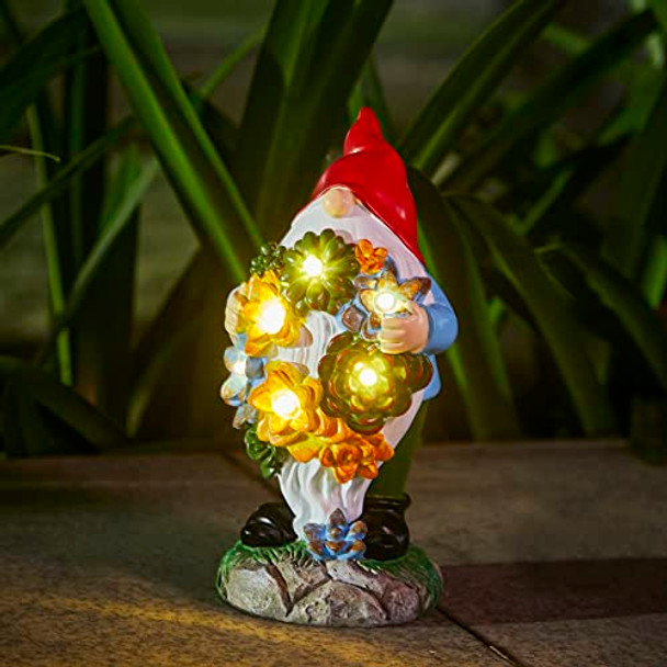 Gute Garden Gnome Statue - Electric Solar Light Up Flower Bouquet Gnome Figurine Bright Flowers Led Lights Large Outdoor Decorations - Patio Yard Lawn Porch Garden S Ornament