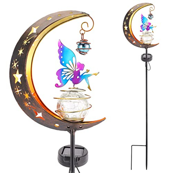 Hedaqi Solar Fairy Garden Light Decor Moon Fairy Stake Lights Crackle Glass Globe With Color Angel Decor Outdoor Led Pathway Lights Waterproof For Walkway Yard Lawn Patio Or Courtyard