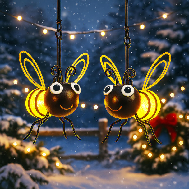 Hestivo Holiday Solar Bee Lights Outdoor – Garden Bees Solar Lights With Hooks Waterproof Metal Bug Lights For Yard Patio & Lawn Cute Hanging Bee Décor For Christmas Garden & Winter Holiday (Gold-2Pcs)