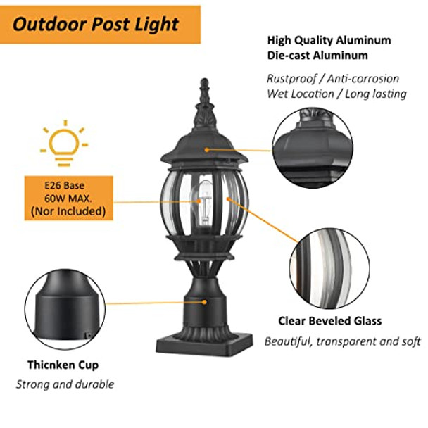 Holkirt Outdoor Post Lightvintage Lamp Post Light Fixturewaterproof Exterior Post Lantern With Pier Mount Base For Pathway Garden Post Pole Mountmatte Black